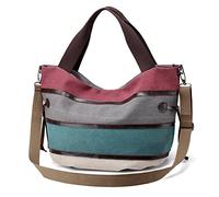 PORRASSO Femmes Sac D'épaule Grande Sac à Main en Toile Rayures Multicolores Sac Bandoulière Fourre-Tout Sac Cabas pour Travail Voyage Usage Quotidien Rouge