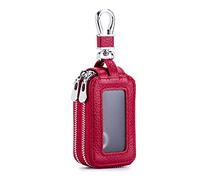 PORRASSO Porte-Clés en Cuir Véritable Rouge pour Hommes et Femmes, Sac à Clés Zippé Double Pochette Porte-Monnaie Portable pour Voiture et Maison, Anti-Perte et Double Protection