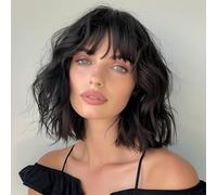 PORSMEER 10 pouces court Bob perruque Noire ondulée avec frange, perruques noir synthétiques naturelles bouclées résistantes à la chaleur pour femmes pour le cosplay quotidien de fête