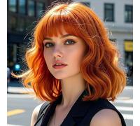 PORSMEER 10 pouces court orange Bob perruque Gingembre ondulée avec frange, perruques synthétiques naturelles bouclées résistantes à la chaleur pour femmes pour le cosplay quotidien de fête