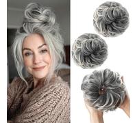 PORSMEER 2 pièces Chignon Postiche Cheveux Grande Postiches Bouclés Ondulés Extensions Chouchou Cheveux Naturel Queue de Cheval Chignon effet decoiffe elastique pour Femmes Fille,Grise