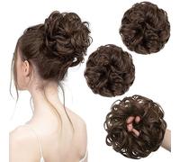 PORSMEER 2 pièces Chignon Postiche Cheveuxs Naturel brun foncé Postiches Bouclés Ondulés Extensions, Faux Chouchou effet decoiffe elastique pour Femmes Fille