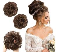 PORSMEER 2 pièces Chignon Postiche Cheveuxs Naturel Marron medinum Postiches Bouclés Ondulés Extensions, Faux Chouchou effet decoiffe elastique pour Femmes Fille