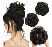 PORSMEER 2 pièces Chignon Postiche Cheveuxs Naturel Noire Postiches Bouclés Ondulés Extensions, Faux Chouchou effet decoiffe elastique pour Femmes Fille