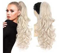 PORSMEER Extension capillaire avec queue de cheval et pince, clip griffe en extension de cheveux, 66 cm de long, volumineux, ondulés, extension de queue de cheval avec franges de couleur blond platine