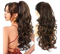 PORSMEER Extensions de cheveux en queue de cheval avec pince, 66 cm de long, volumineuse, ondulée, marron foncé avec mèches blondes, pour femme