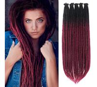 PORSMEER Extensions de cheveux tresses crochetées faites à la main de 61 cm, dreadlocks hippie lisses, locs de déesse pour femme (noir à rouge foncé, extrémité simple)