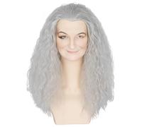 PORSMEER Film Rôle Cosplay Perruque Sorcière Grand-mère Vieille Dame Blanc Grisâtre Longue Bou Moelleux Argent Gris Costume De Fête