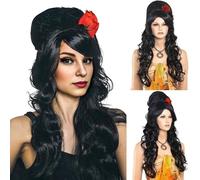PORSMEER Long Noir Bouffant Ruche Bouclé Perruque Avec Fleur Rouge Pour Femmes ou Filles Amy Déguisement ou Costume des années 90 ou Vampire Cosplay Halloween Party