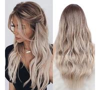 PORSMEER Longue Perruque Blonde Brune pour Femme - Perruque Synthétique Naturelle Ombre Cheveux Bouclés Racine Foncée Partie Moyenne, Partie Cosplay Utilisation Quotidienne