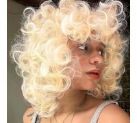 PORSMEER Perruque Afro Femme Naturelle Courte avec Frange Perruque de cheveux bouclés,Couleur Blonde frisée mixte fibre synthétique résistante à la chaleur