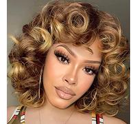 PORSMEER Perruque Afro Femme Naturelle Courte avec Frange Perruque de cheveux bouclés,Couleur marron et blond frisée fibre synthétique résistante à la chaleur,perruque bouclée lâche noire