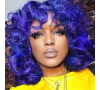 PORSMEER Perruque Afro Femme Naturelle Courte avec Frange Perruque de cheveux bouclés,Couleur noire et brune frisée mixte fibre synthétique résistante à la chaleur (Bleue)