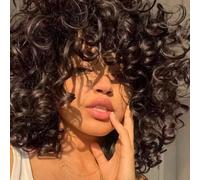 PORSMEER Perruque Afro Femme Naturelle Courte avec Frange Perruque de cheveux bouclés,Couleur noire et brune frisée mixte fibre synthétique résistante à la chaleur (Brun foncé)