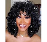 PORSMEER Perruque Afro Femme Naturelle Courte avec Frange Perruque de cheveux bouclés,Couleur noire frisée fibre synthétique résistante à la chaleur,perruque courte bouclée lâche noire