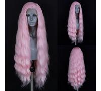 Porsmeer - Perruque avec dentelle frontale 13x4 rose - Perruque longue ondulée réaliste en cheveux synthétiques - Perruque sans colle pour femmes