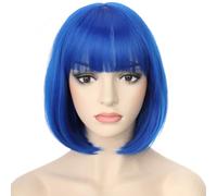 PORSMEER Perruque Bob Carré court Frange Perruques Naturelle Synthétiques résistant à la chaleur pour les femmes cosplay fête coloré Bleu roi