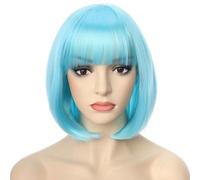 PORSMEER Perruque Bob Carré court Frange Perruques Naturelle Synthétiques résistant à la chaleur pour les femmes cosplay fête coloré Bleu lac