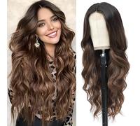 PORSMEER Perruque brune Ombre longue ondulée de 26 pouces pour femme, perruque bouclée avec raie au milieu à l'aspect naturel Perruque