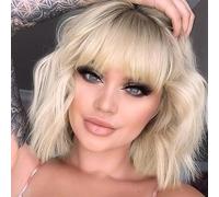 PORSMEER Perruque courte bob avec frange pour femme - Cheveux synthétiques ombrés naturels - Blond - Coloré - Pour fête d'Halloween - Cosplay - Perruques bouclées pour femme