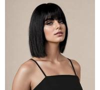 PORSMEER Perruque courte droite noire avec frange de longueur épaule - Perruque colorée pour femmes et filles - Perruque synthétique résistante à la chaleur pour cosplay, Halloween, fête - 35 cm