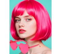 PORSMEER Perruque courte rose rouge à coupe carrée avec frange et lunettes de soleil - Cheveux raides colorés pour femme - Unisexe - Pour Halloween, cosplay, fête + bonnet de perruque - Rouge pêche