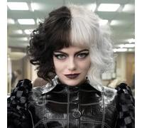 PORSMEER Perruque Cruella Deguisement Cosplay Emma Stone 35 cm Courte Demi Frange ondulée Noir Blanc+ Bonnet de Perruque