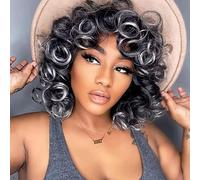 PORSMEER Perruque de cheveux naturels synthétiques pour femme noire,Perruque afro bouclée lâche,Perruque courte bouclée complètes avec frange,Couleur noire et grise