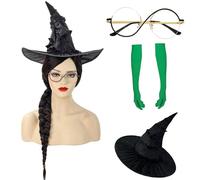 PORSMEER Perruque de sorcière tressée marron et noire pour femme - 80 cm de long - Bonnet d'Halloween - Perruque tressée + chapeau + lunettes + gants