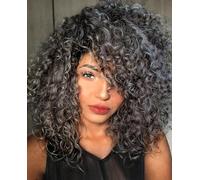 PORSMEER Perruque frisée 35,5 cm pour femme de couleur afro bombe avec frange en fibre synthétique sans colle, cheveux longs ondulés (noir mélangé blanc)