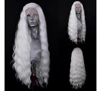 PORSMEER Perruque Lace Front Longue avec Cheveux Ondulés et Bouclés pour Femmes 13x4 Perruque Lace Front Sans Colle avec Racine Naturelle en Fibre Thermique Résistante, Blanc
