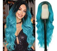 Porsmeer - Perruque longue ombrée bleu clair ondulée pour femmes - Perruque de 66 cm - Partie moyenne en dentelle - Perruque bou et ondulée naturelle - Fibre synthétique résistante à la chaleur