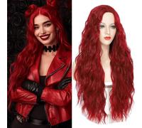 PORSMEER Perruque longue rouge ondulée - Perruque synthétique bouclée et duveteuse résistante à la chaleur pour usage quotidien ou costume de personnage de film