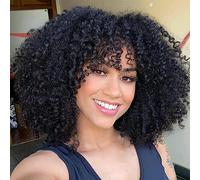PORSMEER perruque noire afro bouclée avec frange pour femmes noires court afro kinky curly cheveux perruque synthétique résistant à la chaleur perruques complètes 14 pouces