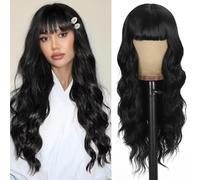 PORSMEER Perruque Noire pour femme avec frange,Naturelle Longue Bouclée Cheveux Synthétiques Perruque pour La Fête Et Les Vêtements De Cosplay