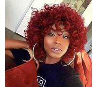 PORSMEER Perruque Rouge Afro Femme Naturelle Courte avec Frange Perruque de cheveux bouclés, Vin Rouge frisée mixte fibre synthétique résistante à la chaleur