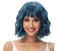 PORSMEER Perruques Bob Ondulées Courtes de 25,4 cm Ombré Bleu avec Frange pour Femme - Perruque Bob Ondulée Bouclée Synthétique à l'Aspect Naturel en Fibre Résistante à la Chaleur (Bleu)