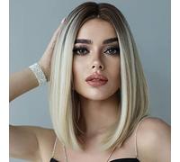PORSMEER Racine noire avec des perruques de cheveux blonds Belle perruque courte naturelle Bob lisse Perruques synthétiques résistantes à la chaleur de 12 pouces pour les femmes