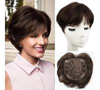 PORSMEER Toppers de cheveux brun foncé pour femmes/hommes, postiches courts Pixie Cut pour cheveux clairsemés, perruques de surbrillance synthétique avec frange ajouter du volume aux cheveux