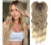 PORSMEER Toppers de cheveux pour femmes, 45cm de long, pièces de cheveux ondulés pour cheveux clairsemés, perruques synthétiques avec frange pour donner du volume à la chevelure,blond ombré