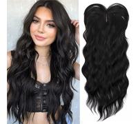 PORSMEER Toppers de cheveux pour femmes, 45cm de long, pièces de cheveux ondulés pour cheveux clairsemés, perruques synthétiques avec frange pour donner du volume à la chevelure,noir naturel