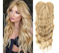 PORSMEER Toppers de cheveux pour femmes, 45cm de long, pièces de cheveux ondulés pour cheveux clairsemés, perruques synthétiques avec frange pour donner du volume à la chevelure,blond