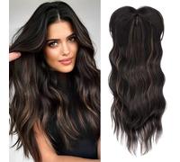 PORSMEER Toppers de cheveux pour femmes, 45cm de long, pièces de cheveux ondulés pour cheveux clairsemés, perruques synthétiques avec frange pour donner du volume à la chevelure,noir mélangé marron