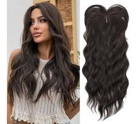 PORSMEER Toppers de cheveux pour femmes, 45cm de long, pièces de cheveux ondulés pour cheveux clairsemés, perruques synthétiques avec frange pour donner du volume à la chevelure,marron foncé