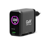 Port Connect Chargeur mural GAN² 100W avec écran - 1x USB-C et 1x USB-A + Câble rétractable USB-C / C - Noir