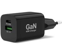 Port Connect Chargeur Mural Gan Usb-C Power Delivery¿ & Usb-A Quick Charge 45w Avec Câble Type C 2 Mètres Noir Prise Eu