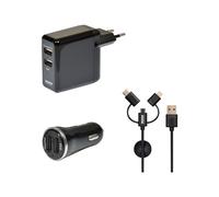 PORT Connect - Kit d'adaptateur secteur - (adaptateur secteur, adaptateur d'alimentation de voiture, câble de charge / de données) - 17 Watt - 3.4 A - noir - Europe