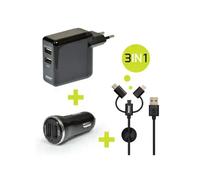 PORT Connect - Kit d'adaptateur secteur - (adaptateur secteur, adaptateur d'alimentation de voiture, câble de charge / de données) - 17 Watt - 3.4 A