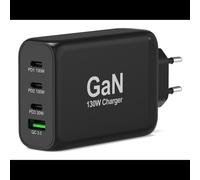 Port Designs 902107EU Chargeur Secteur Universel 130W 3x USB Type-C Power Delivery, GaN, Charge Rapide - Noir - Tension 100-240V - Câble USB Type-C inclus