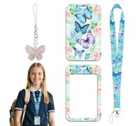 Porta badge da collo, motif de fleur de papillon Lanyard bleu porte-cartes d'identité confortables pour navire de croisière d'autobus scolaire, avec un pendentif de papillon coloré